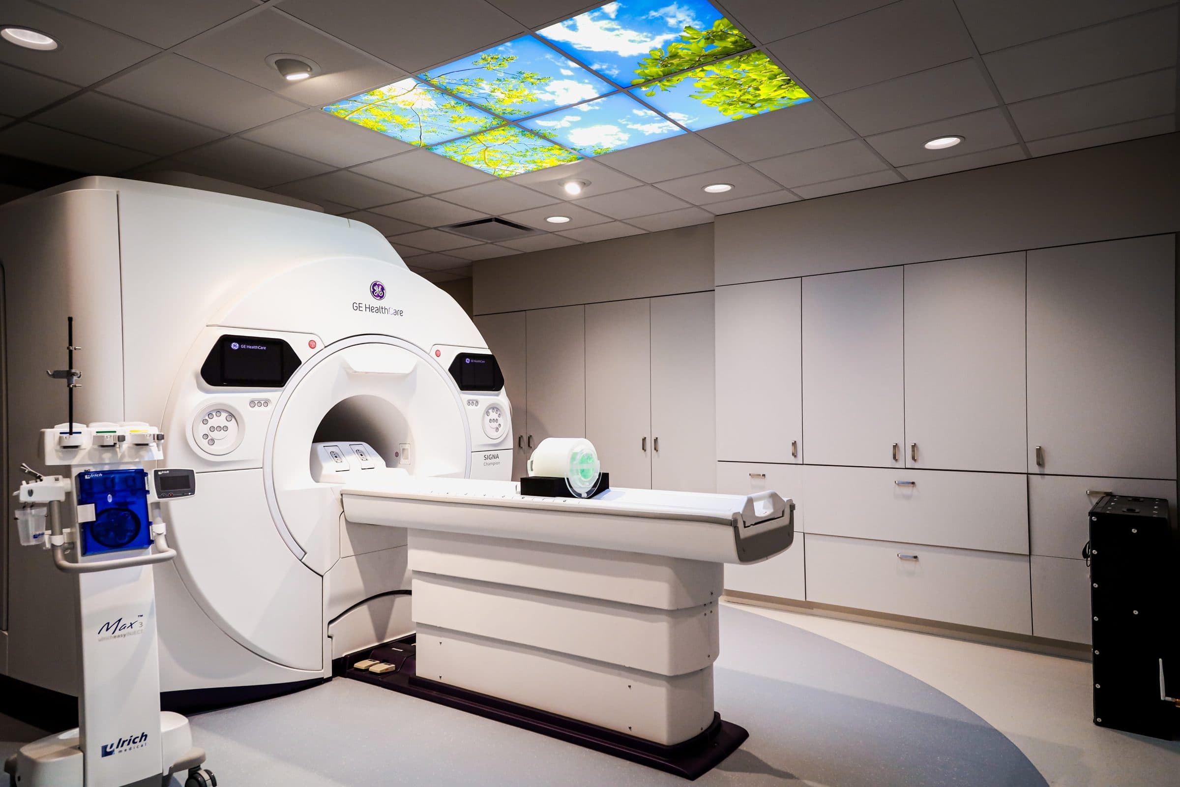 The MRI suite at Radiant Medical Systems, with a skylight ceiling above the scanner
